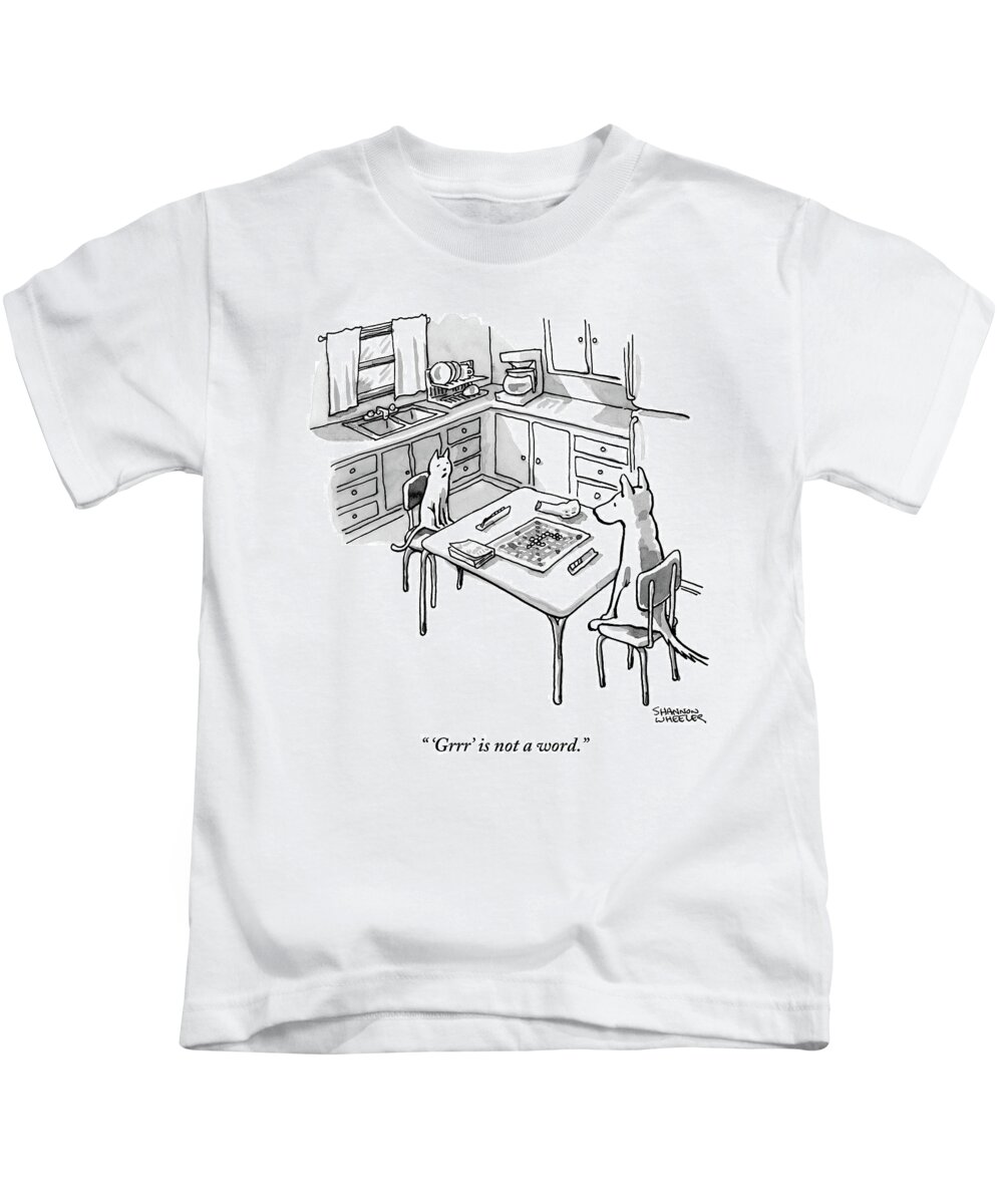 'grrr' Is Not A Word. Kids T-Shirt featuring the drawing A Cat And Dog Play Scrabble In A Kitchen. 'grrr' by Shannon Wheeler