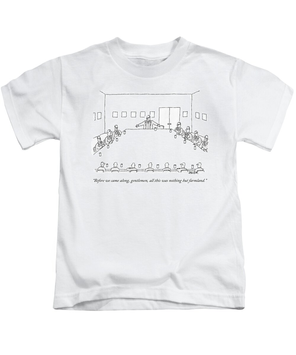Business Kids T-Shirt featuring the drawing A Ceo Stands And Talks To Employees In A Business by Jack Ziegler