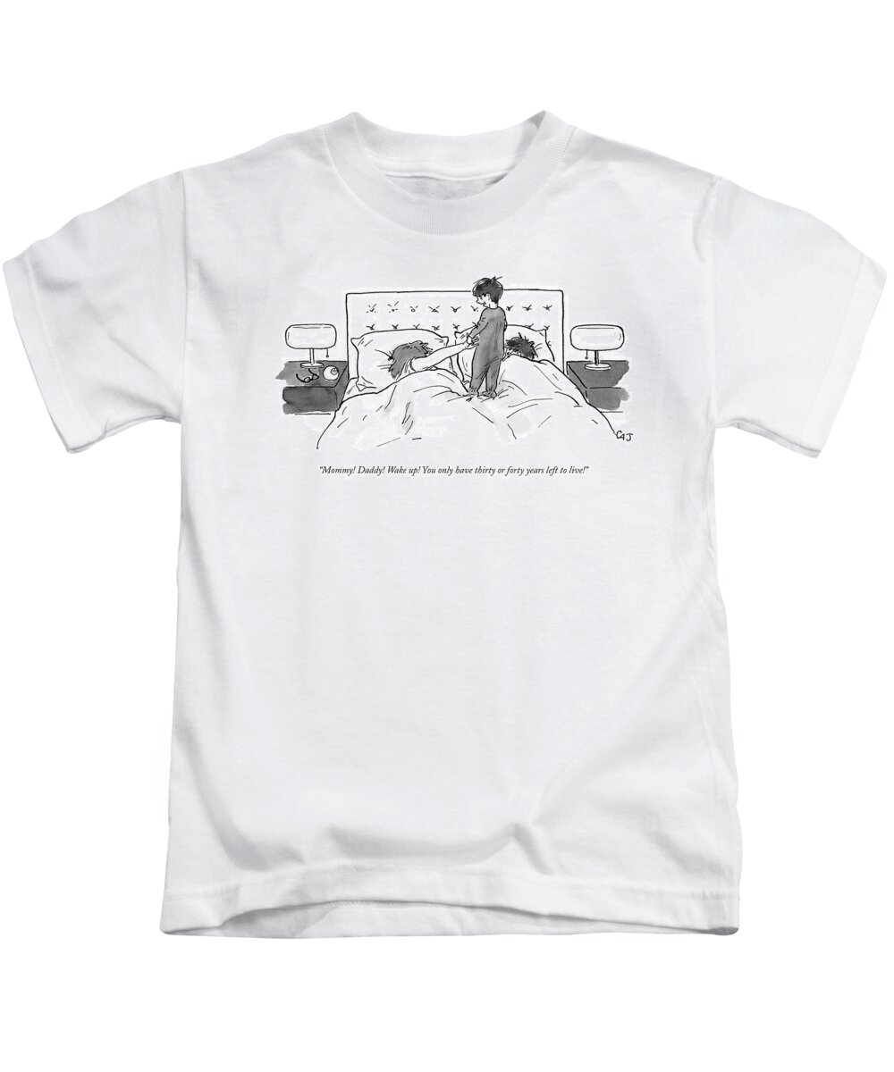 Children Kids T-Shirt featuring the drawing A Child Jumps On His Parents' Bed by Carolita Johnson