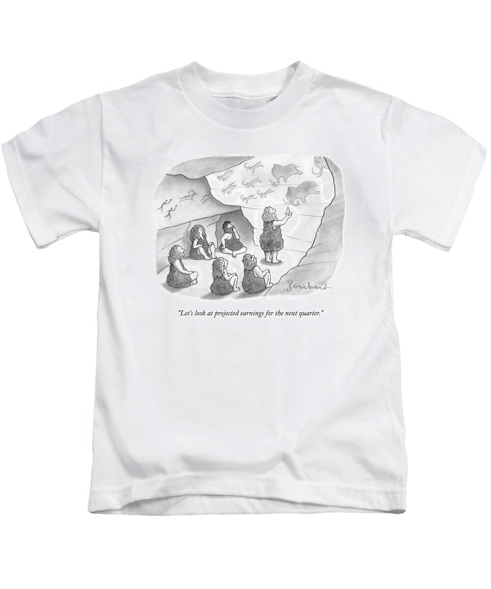 Business Meetings Kids T-Shirt featuring the drawing A Circle Of Cavemen Sit Around One Caveman Who by David Borchart