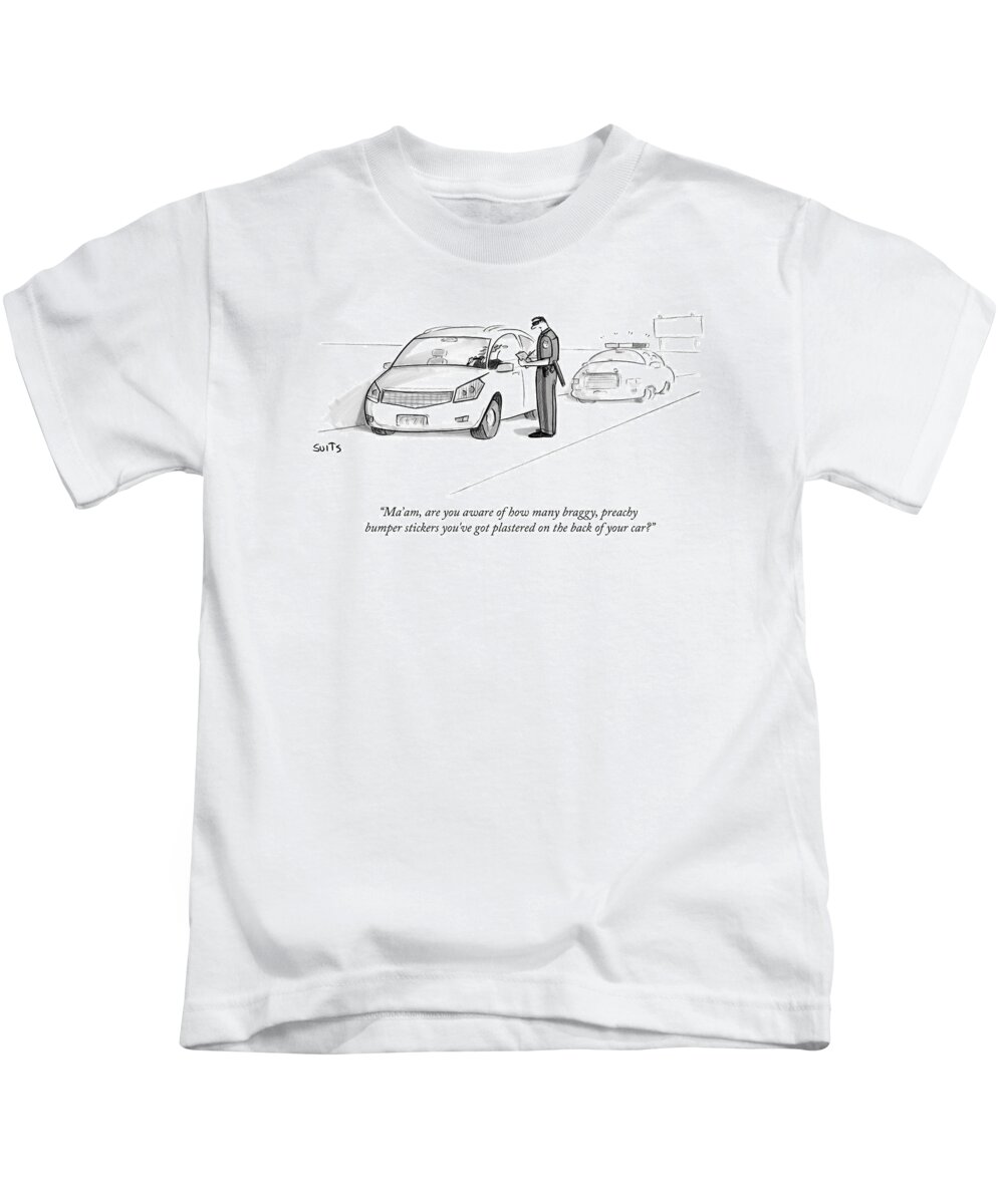 #condenastnewyorkercartoon Kids T-Shirt featuring the drawing A Cop Pulls Over A Minivan by Julia Suits