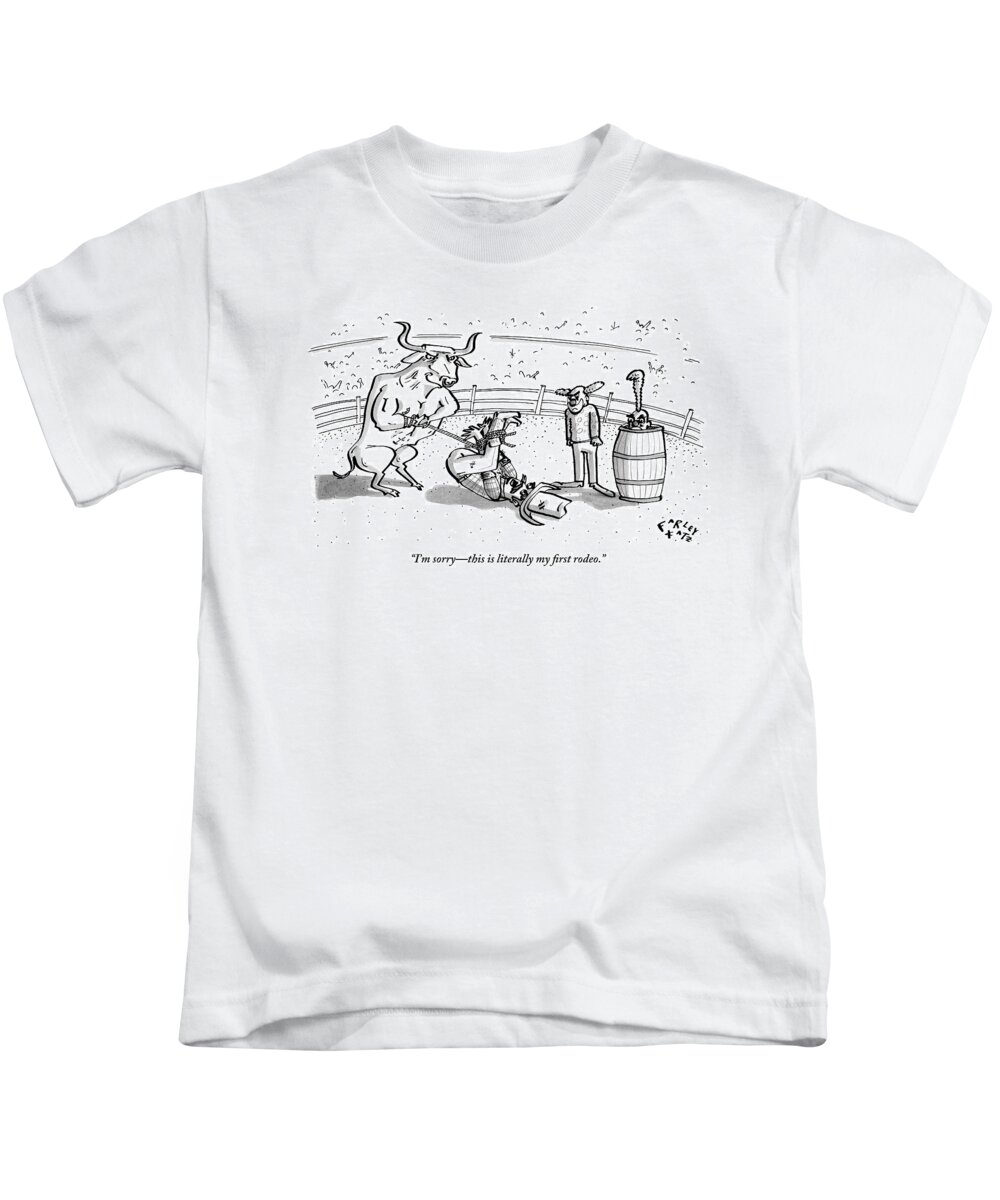 Rodeo Kids T-Shirt featuring the drawing A Cowboy Has Been Hogtied And Subdued by Farley Katz