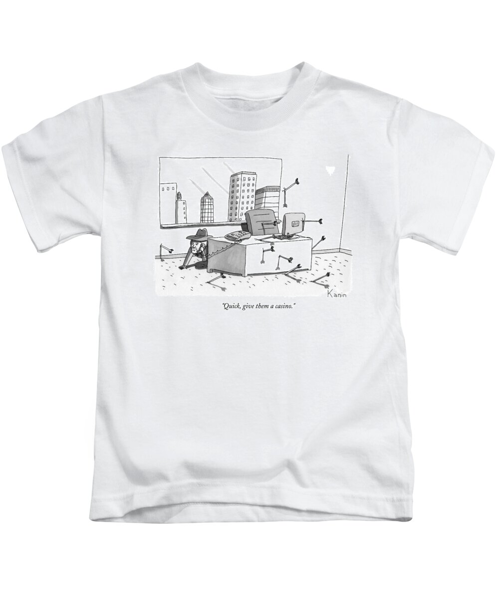 Offices Kids T-Shirt featuring the drawing A Cowboy, On The Phone, Ducks Behind His Desk by Zachary Kanin