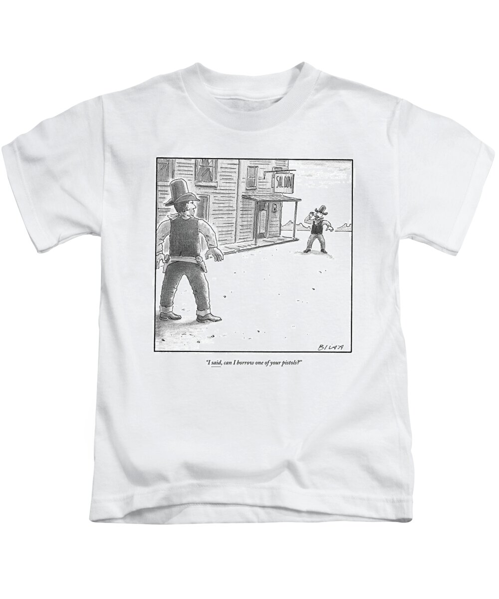 Cowboys Kids T-Shirt featuring the drawing A Cowboy Yells To Another Cowboy In A Classic by Harry Bliss