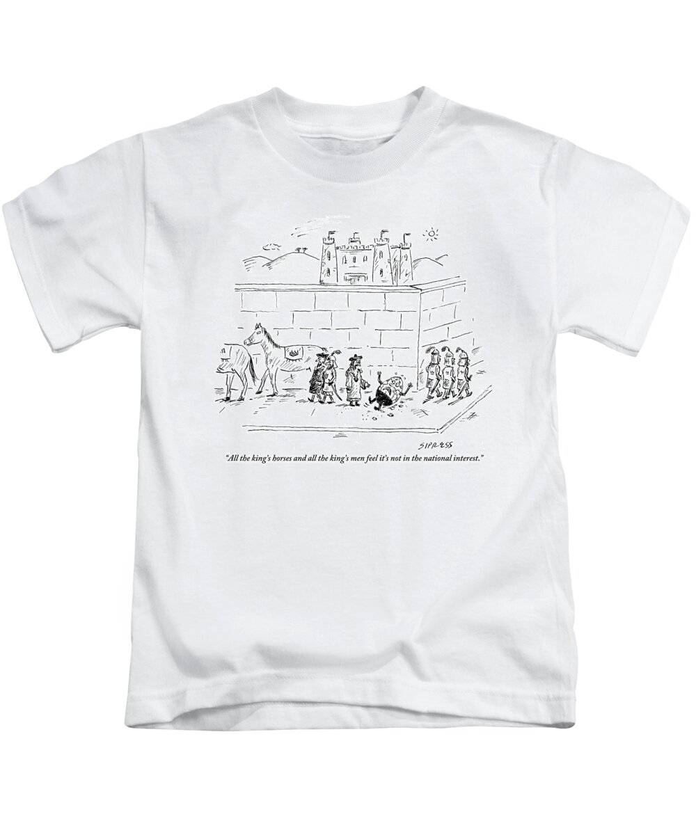 Humpty Dumpty Kids T-Shirt featuring the drawing A Cracked And Bewildered Humpty Dumpty Lies by David Sipress