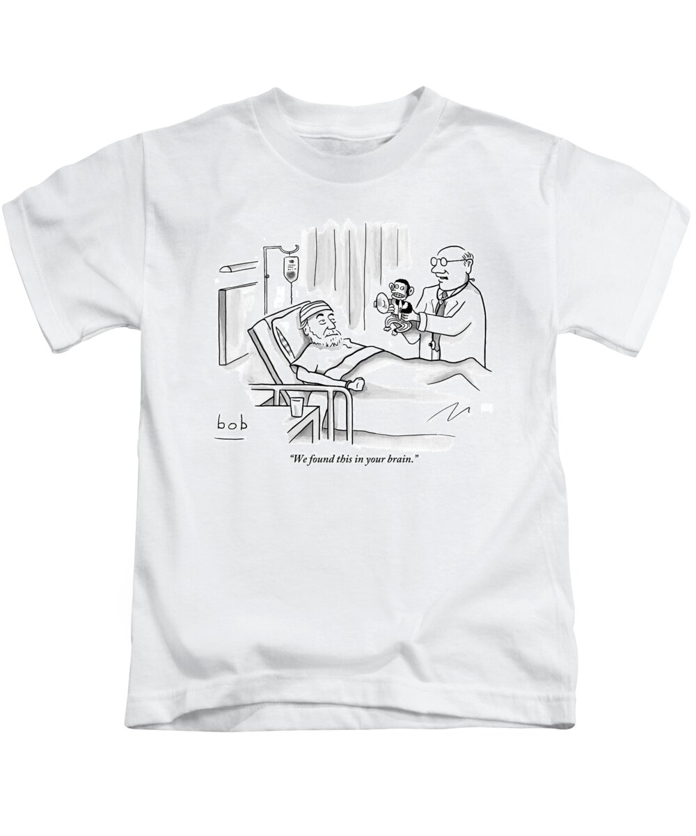 Doctor And Patient Kids T-Shirt featuring the drawing A Doctor Shows A Tambourine Monkey Toy by Bob Eckstein