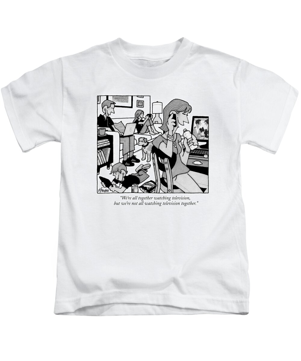 Families Kids T-Shirt featuring the drawing A Family Sits In A Living Room by William Haefeli