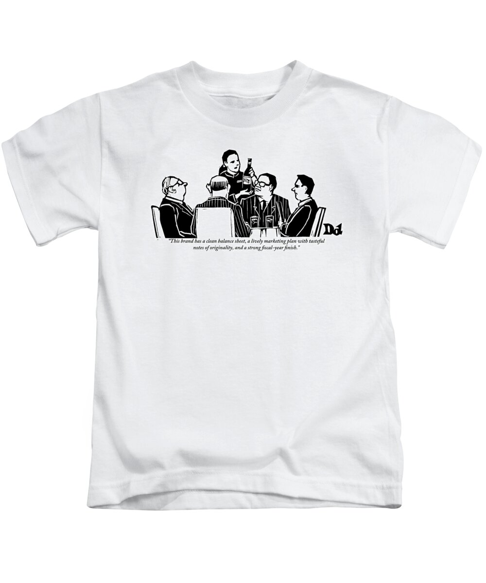 Businessmen Kids T-Shirt featuring the drawing A Female Sommelier Presents A Bottle Of Wine by Drew Dernavich