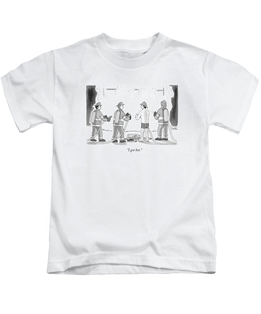 Fireman Kids T-Shirt featuring the drawing A Fireman In His Boxers Talks To His Colleagues by Charlie Hankin