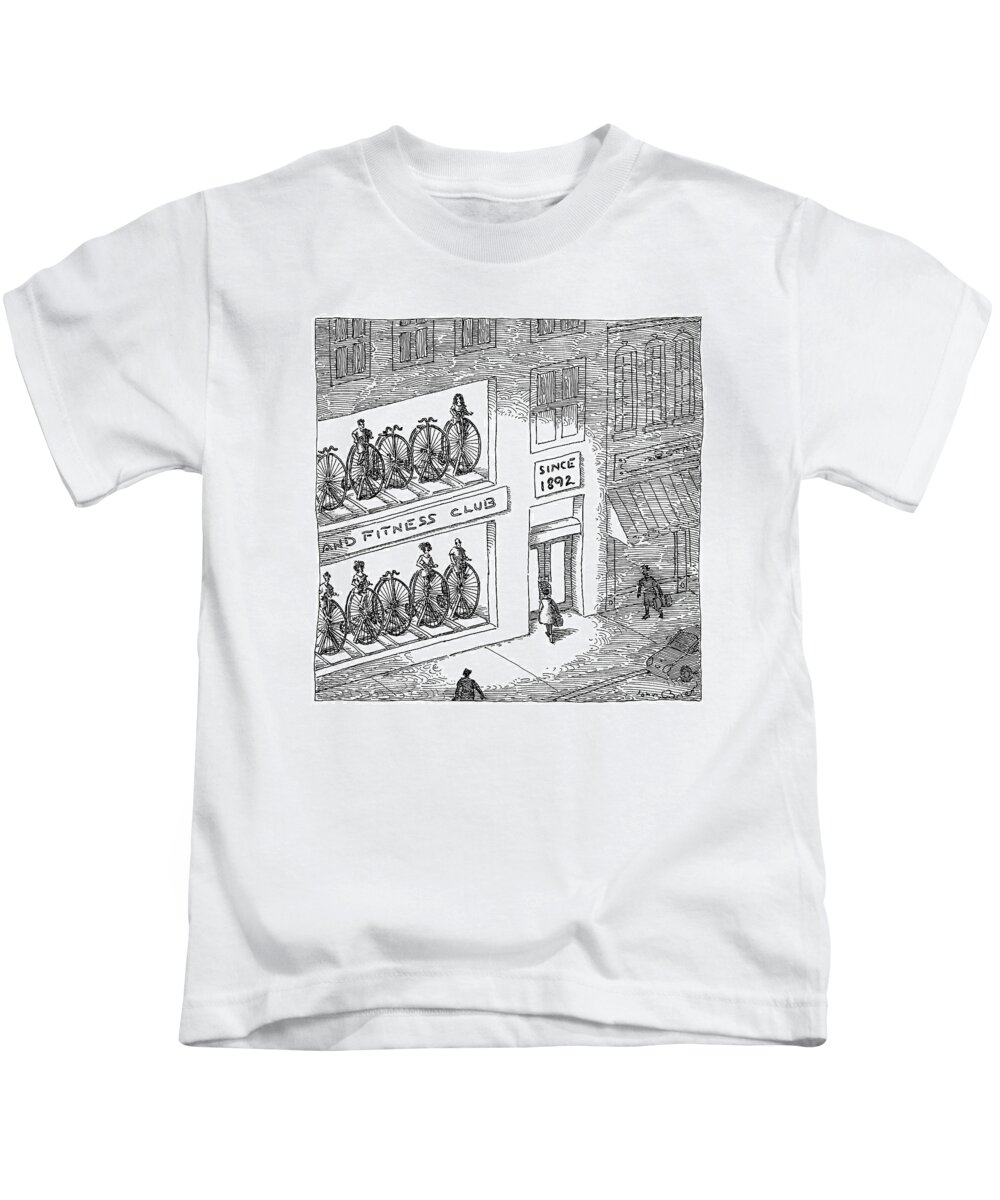Captionless Bicycle Kids T-Shirt featuring the drawing A Fitness Club With Sign by John O'Brien
