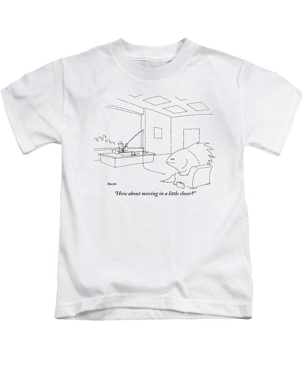 Interviews Kids T-Shirt featuring the drawing A Giant, Disgruntled-looking Fish Sits by Jack Ziegler
