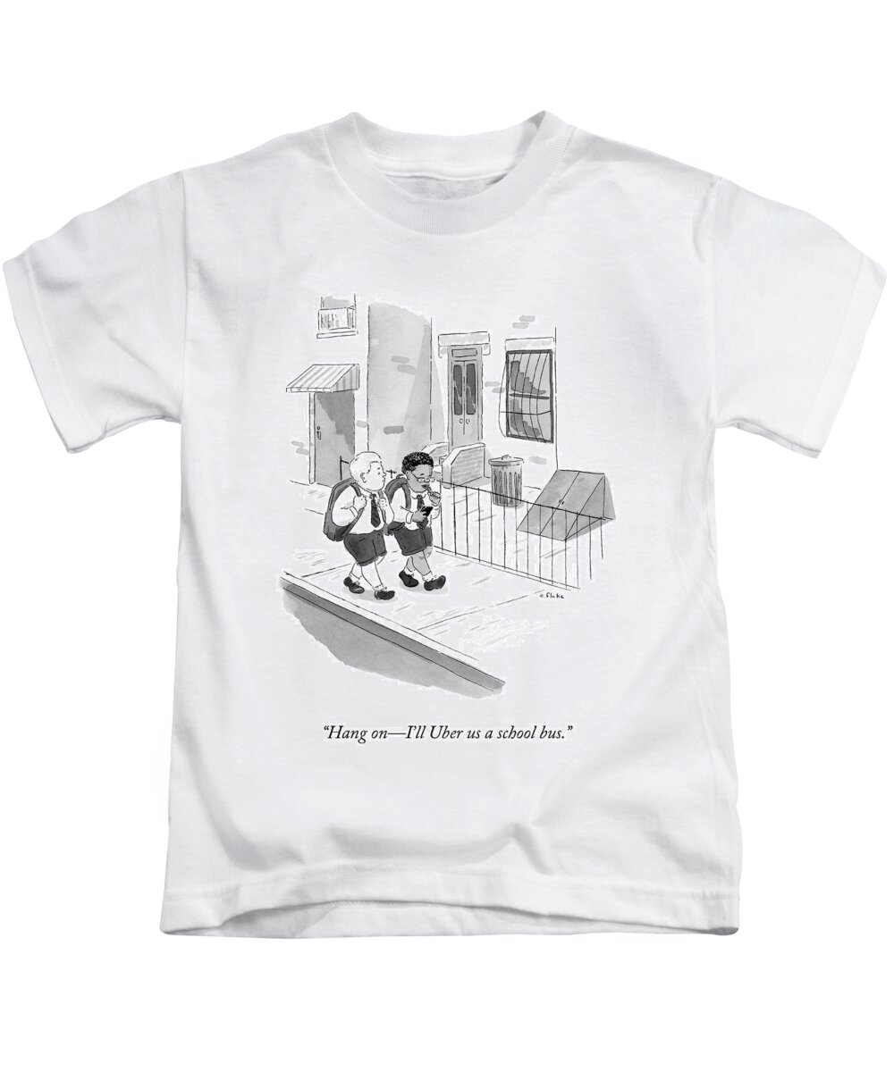 Children Kids T-Shirt featuring the drawing A Grade Schooler Walks With His Friend And Uses by Emily Flake