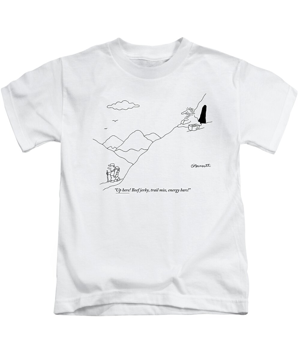 Gurus Kids T-Shirt featuring the drawing A Guru Is Seen Calling Out To A Hiker Walking by Charles Barsotti
