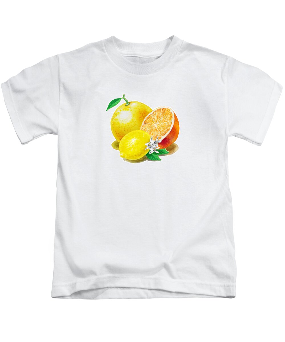 Grapefruit Kids T-Shirt featuring the painting A Happy Citrus Bunch Grapefruit Lemon Orange by Irina Sztukowski