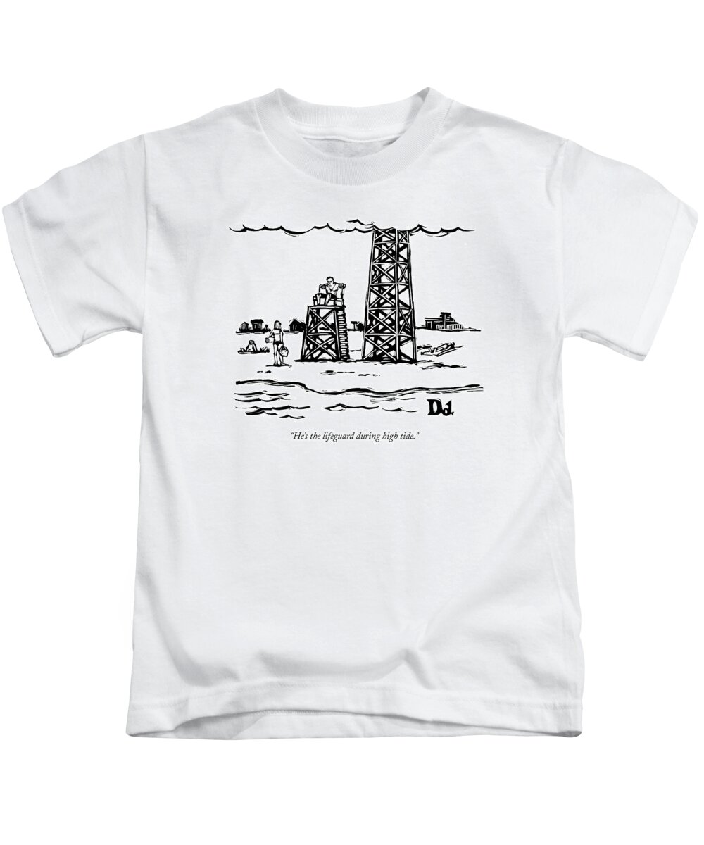 Oil Kids T-Shirt featuring the drawing A Lifeguard Speaks To A Woman On The Beach. Next by Drew Dernavich
