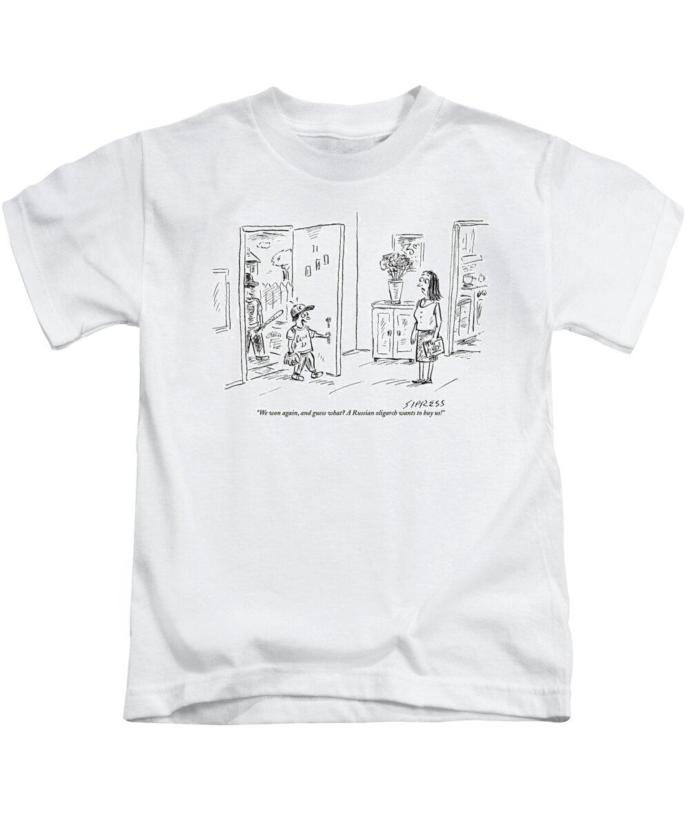 Baseball Kids T-Shirt featuring the drawing A Little Boy Dressed In His Baseball Uniform by David Sipress
