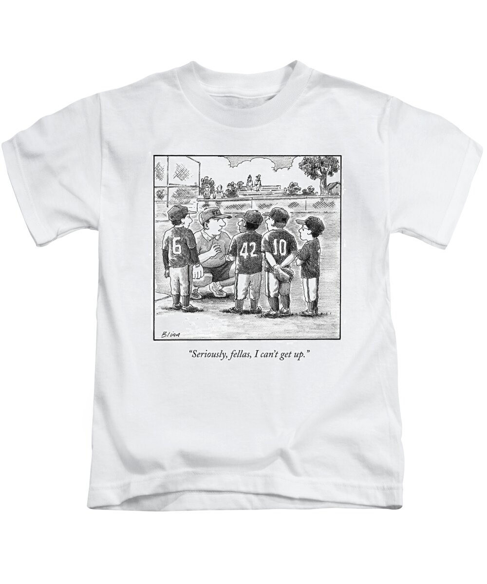 Little League Kids T-Shirt featuring the drawing A Little-league Baseball Coach Crouches To Talk by Harry Bliss
