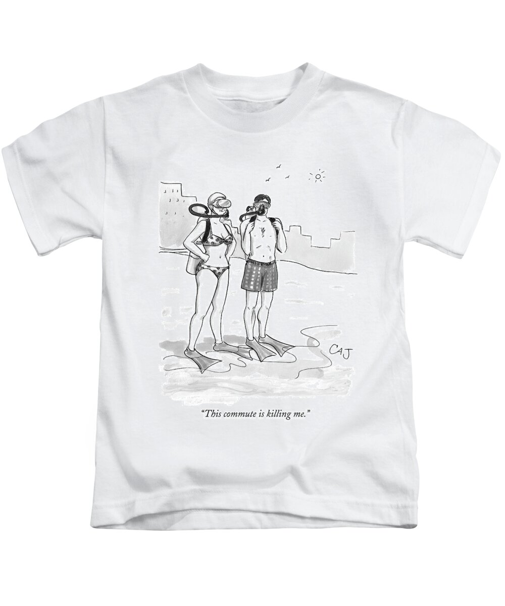 Beaches Kids T-Shirt featuring the drawing A Man And A Woman In Swimsuits And Diving Gear by Carolita Johnson