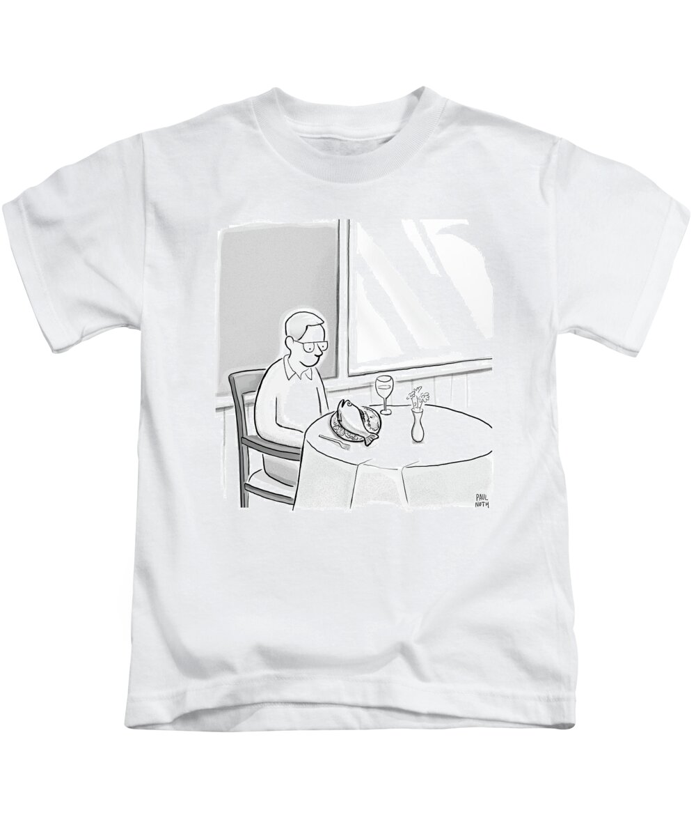 Cctk. Restaurant Kids T-Shirt featuring the drawing A Man At A Restaurants Looks At The Fish by Paul Noth