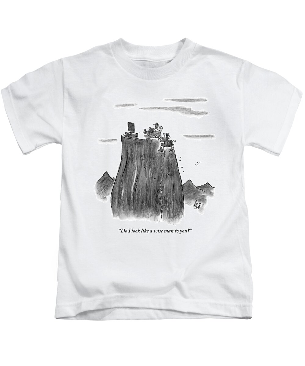 Couch Potato Kids T-Shirt featuring the drawing A Man Climbs To The Top Of A Mountain Only by Frank Cotham