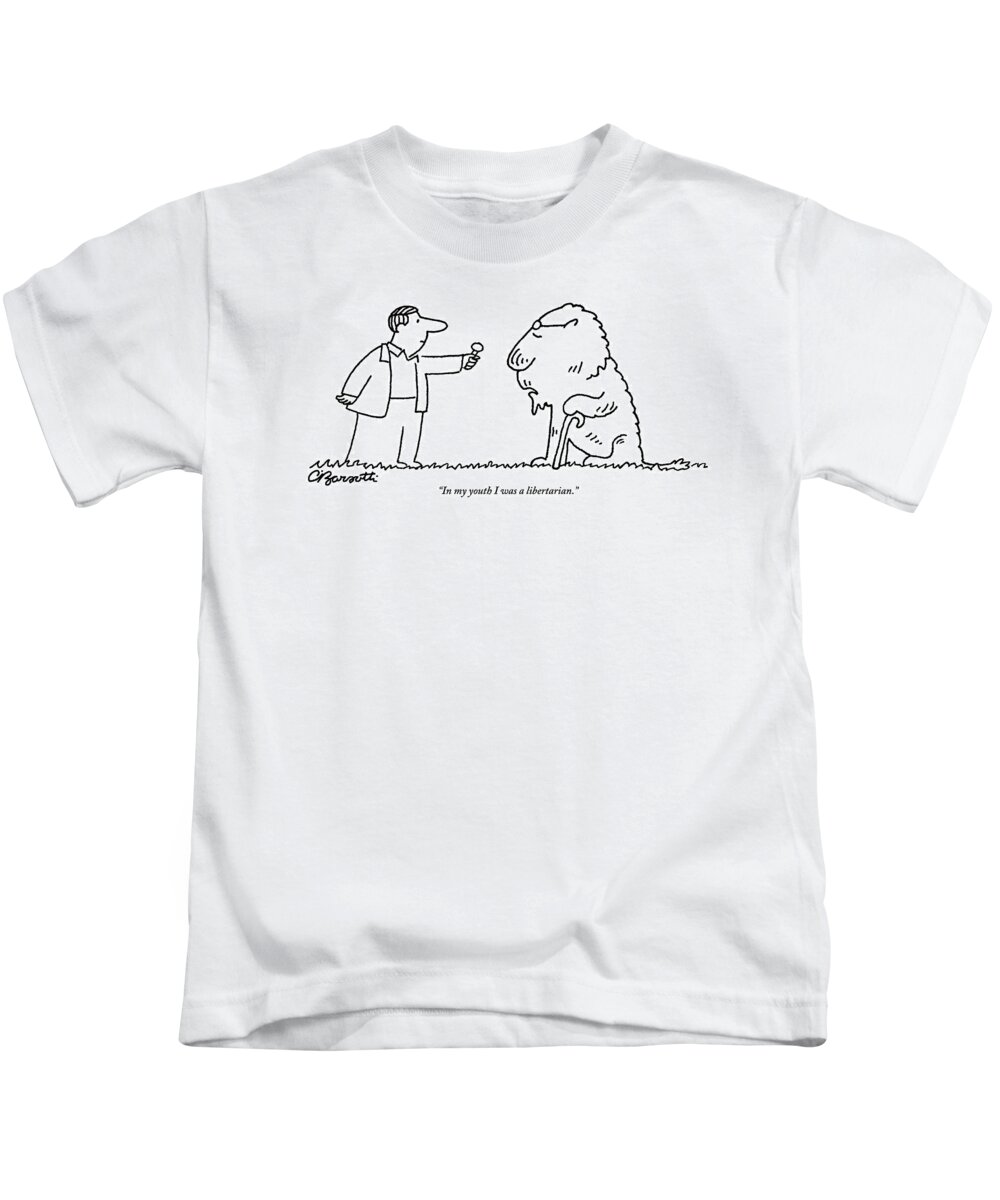Glasses Kids T-Shirt featuring the drawing A Man Holding A Microphone To A Lion Wearing by Charles Barsotti