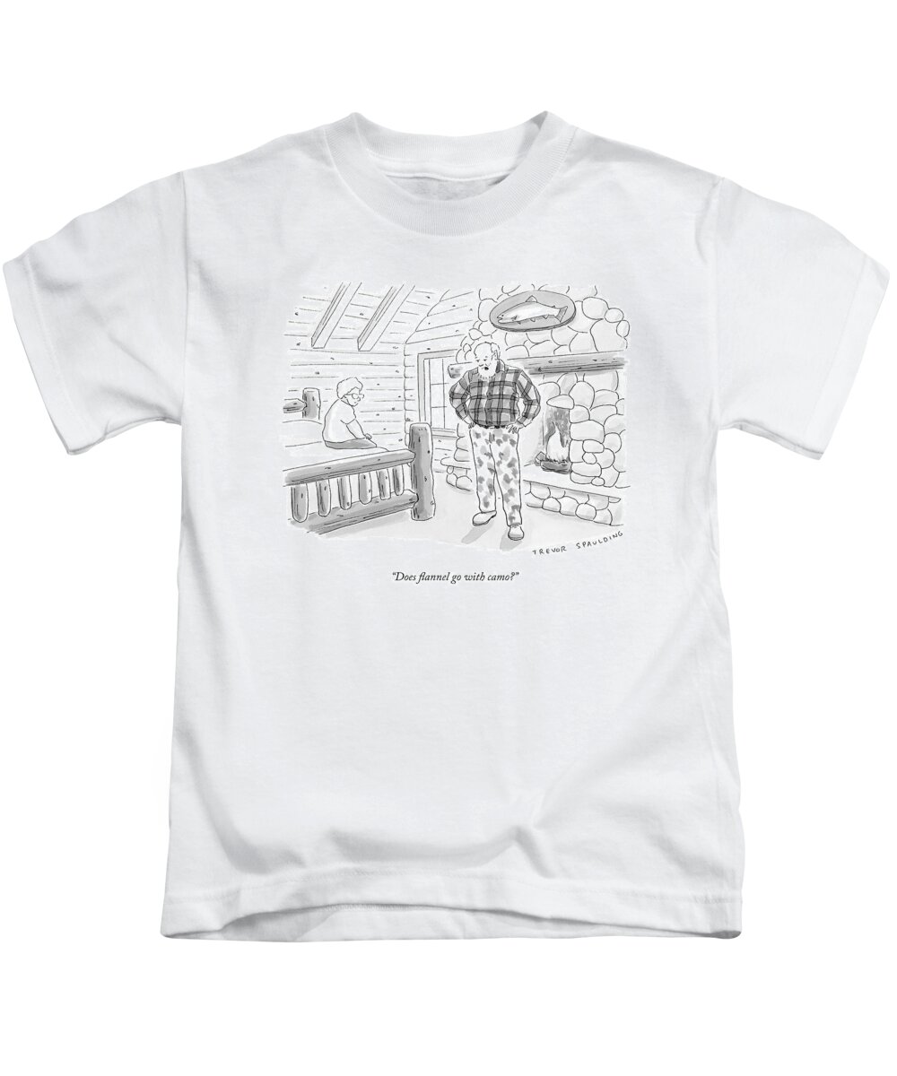Log Cabin Kids T-Shirt featuring the drawing A Man In A Log Cabin Wears A Flannel Shirt by Trevor Spaulding