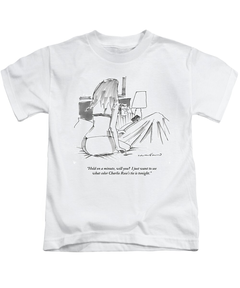 Couples Kids T-Shirt featuring the drawing A Man In Bed With Remote Control In Hand Ignores by Michael Crawford