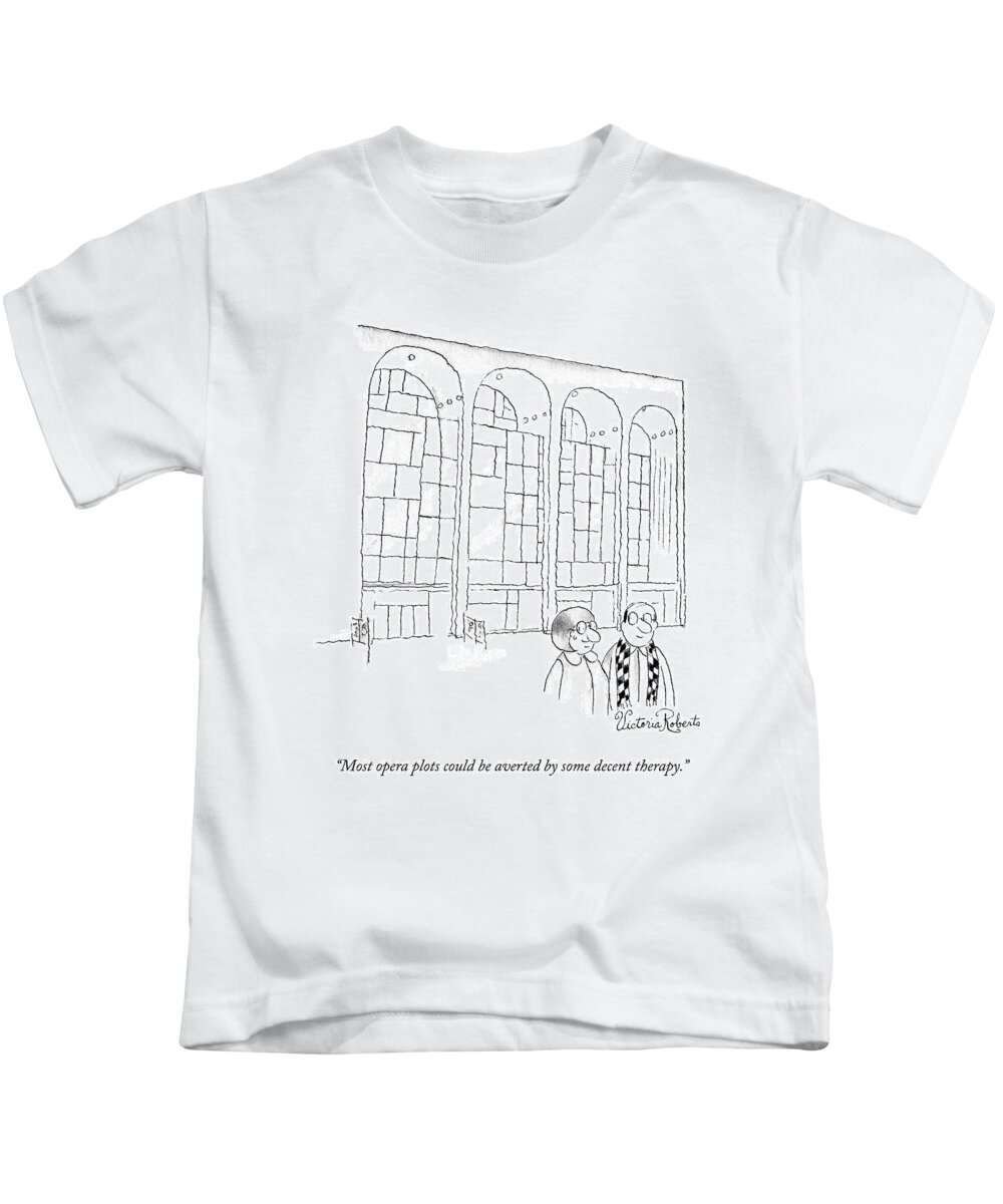 Intellectual Kids T-Shirt featuring the drawing A Man In Glasses Talks To A Woman In Glasses by Victoria Roberts