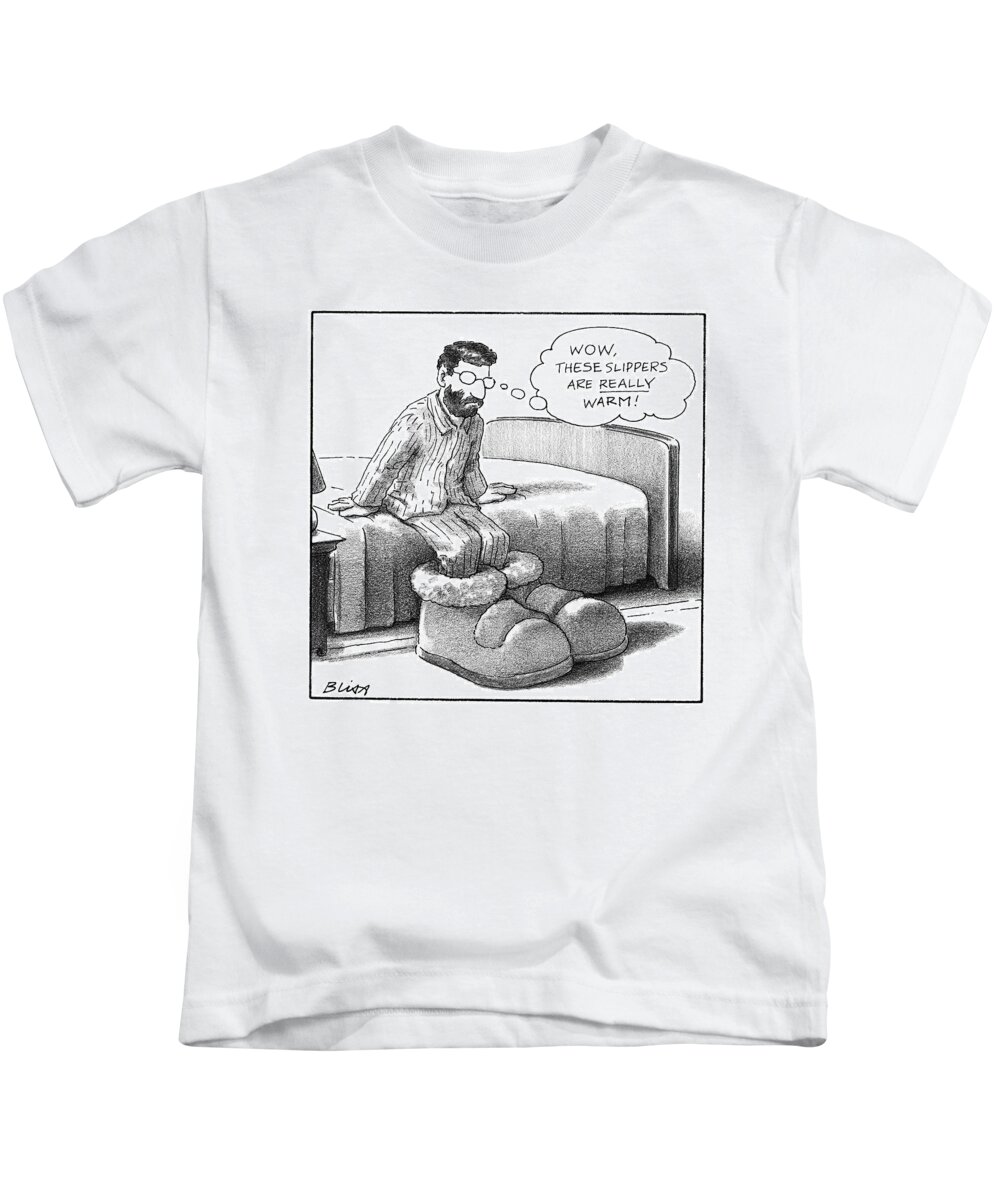 Slippers Kids T-Shirt featuring the drawing A Man In Pajamas Stepping Out Of Bed Remarks by Harry Bliss