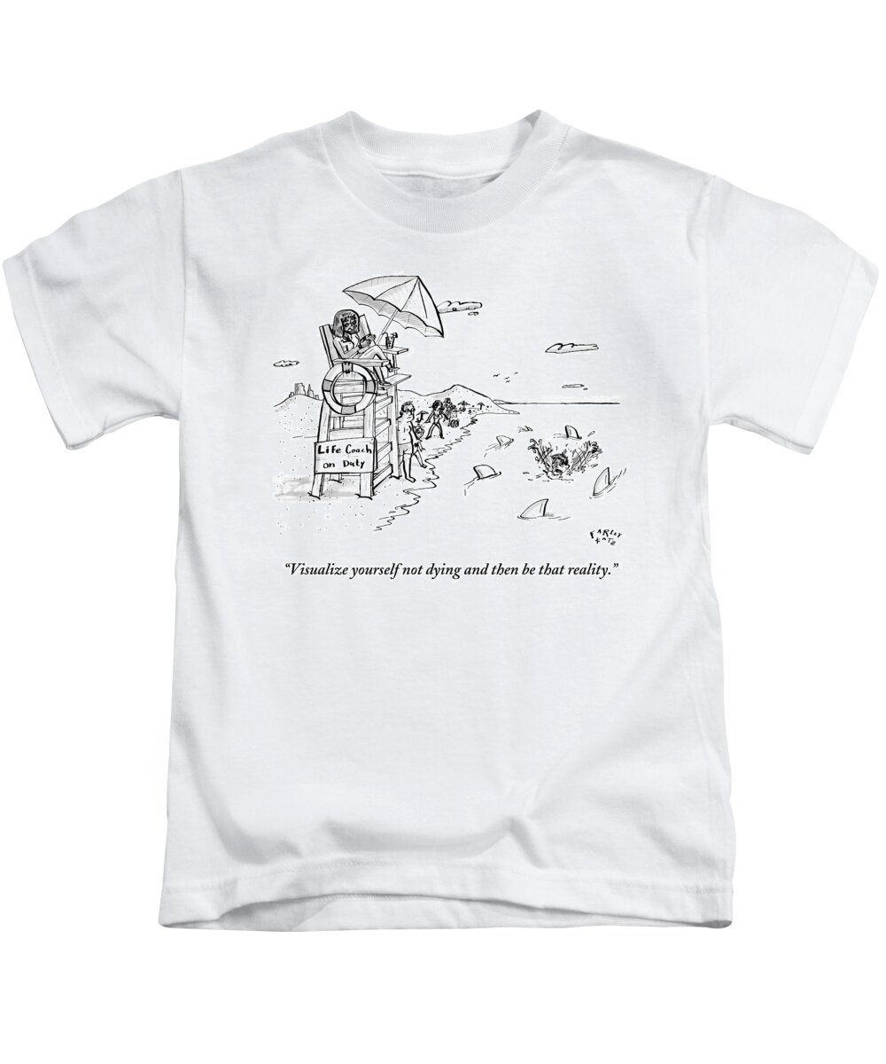 Swim Kids T-Shirt featuring the drawing A Man Is Surrounded By Sharks While Swimming by Farley Katz