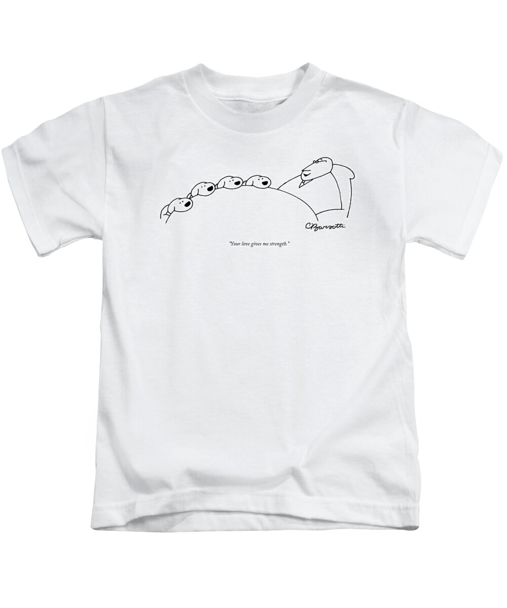 Dog Kids T-Shirt featuring the drawing Your love gives me strength by Charles Barsotti