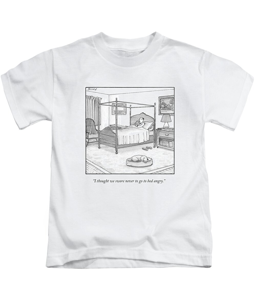 Dogs Kids T-Shirt featuring the drawing A Man Lies In Bed by Harry Bliss