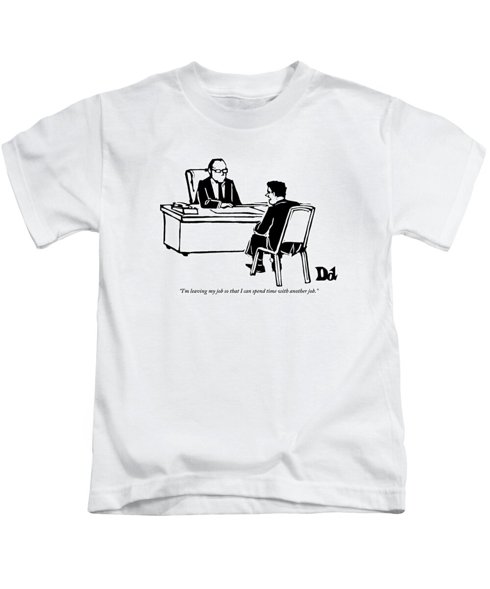 Love Scenes -- Breakups Kids T-Shirt featuring the drawing A Man Sitting In Front Of His Boss Is Explaining by Drew Dernavich