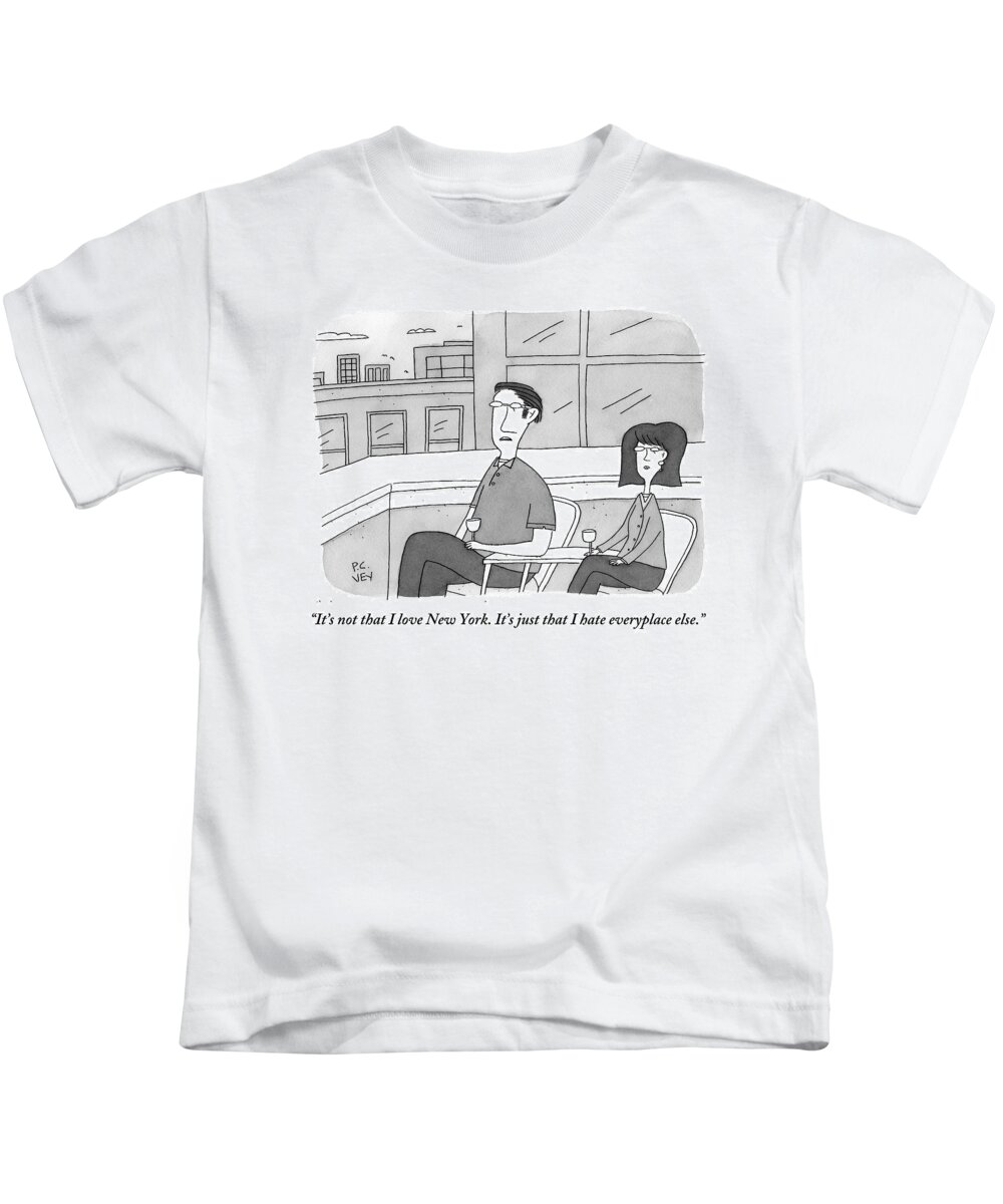 New York Kids T-Shirt featuring the drawing A Man Speaks To A Woman On A Balcony In The City by Peter C. Vey