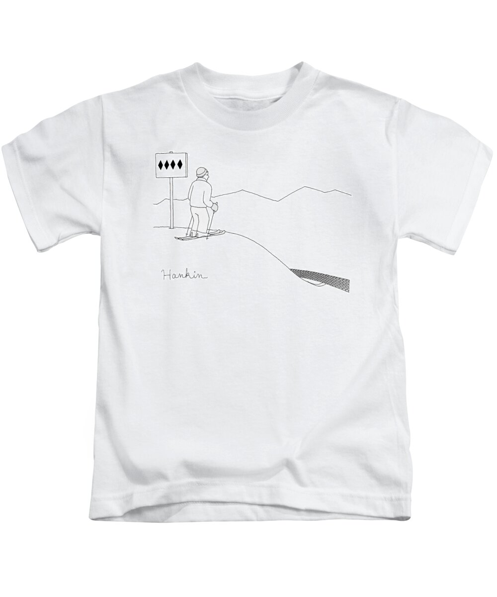 Captionless Kids T-Shirt featuring the drawing A Man Stands At The Top Of A Ski Slope by Charlie Hankin