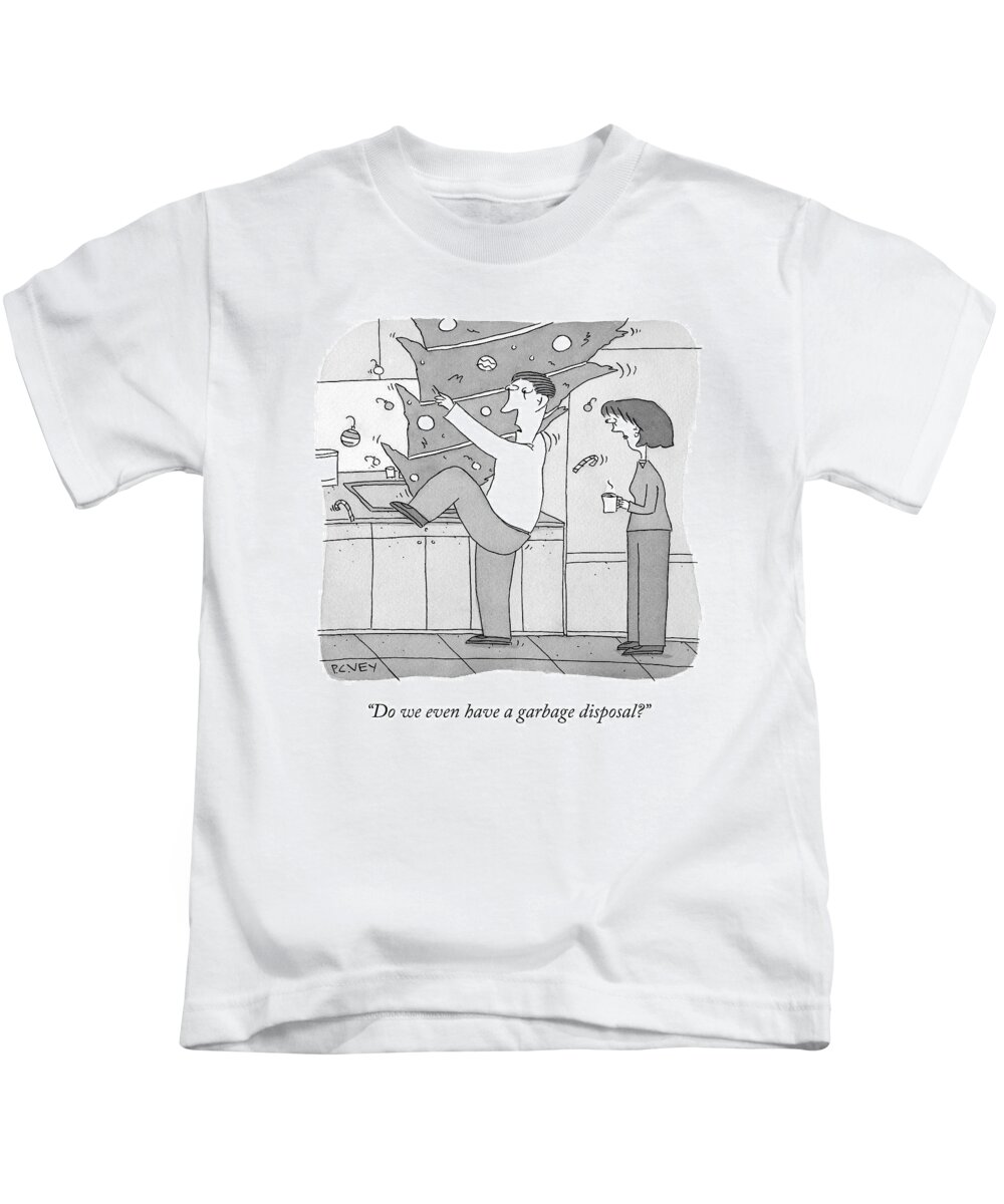 Christmas Kids T-Shirt featuring the drawing A Man Tries To Stuff A Giant Christmas Tree by Peter C. Vey