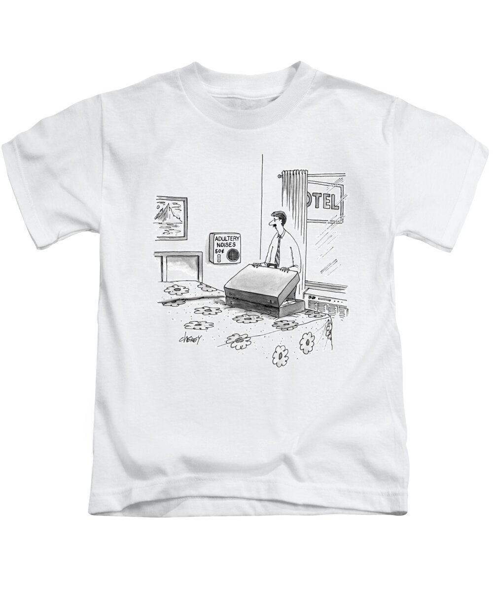 Motels Kids T-Shirt featuring the drawing A Man Unpacks His Suitcase In A Motel by Tom Cheney