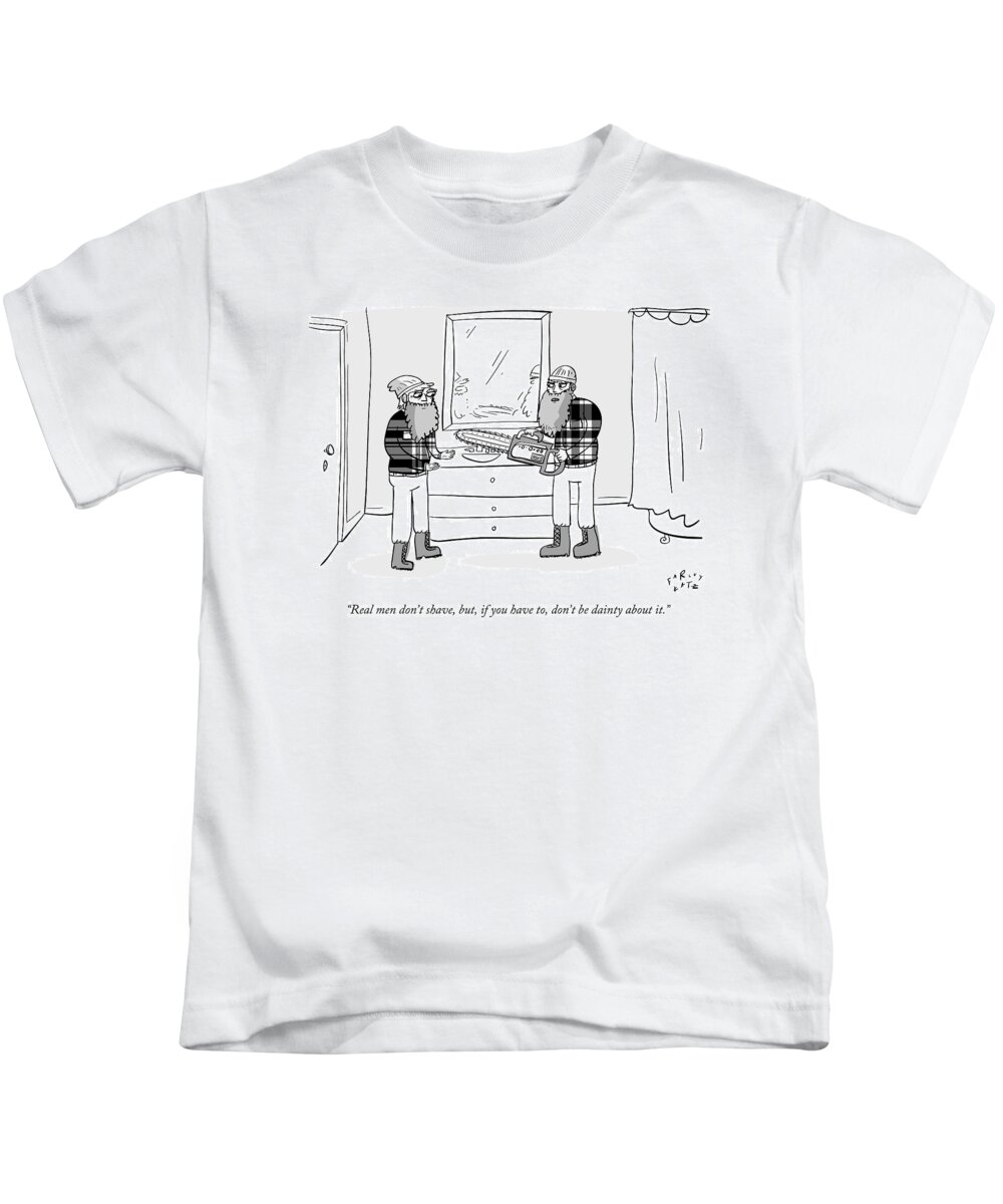 Beard Kids T-Shirt featuring the drawing A Man With A Long Beard Hands A Chain-saw by Farley Katz