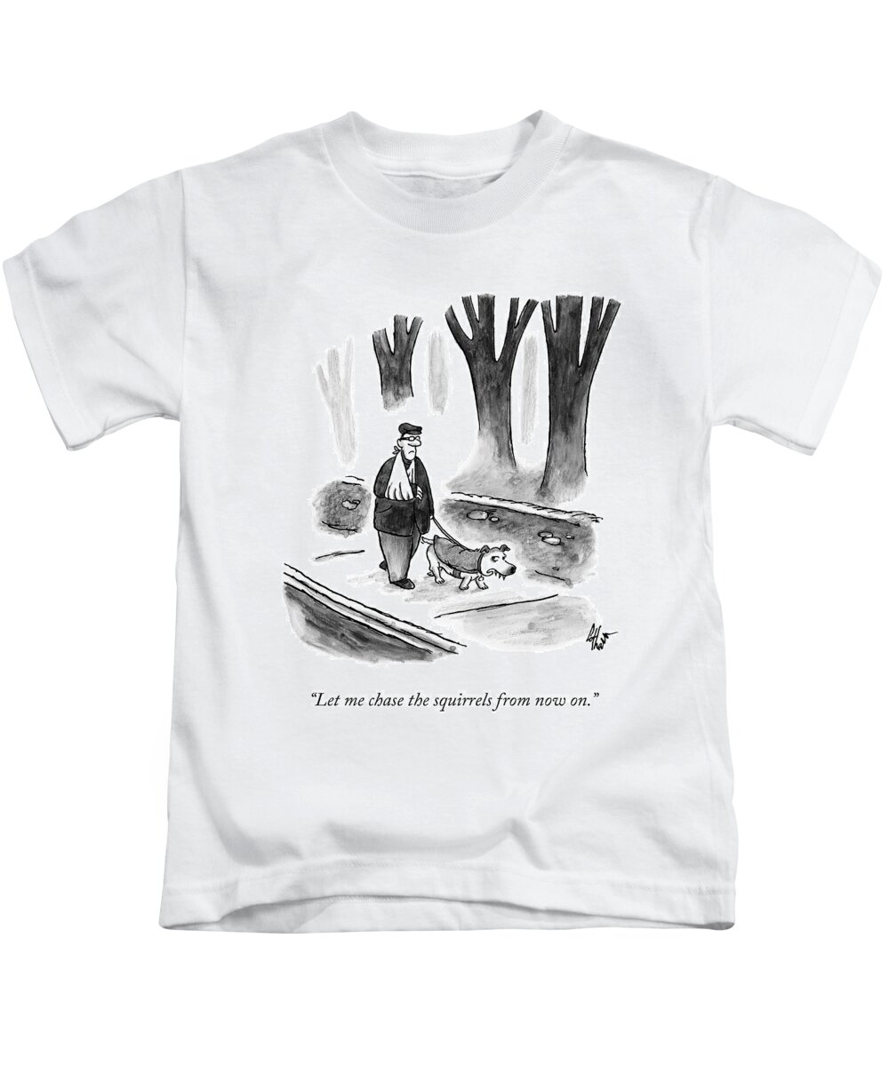 Walk Kids T-Shirt featuring the drawing A Man With His Arm In A Sling Walks His Dog by Frank Cotham