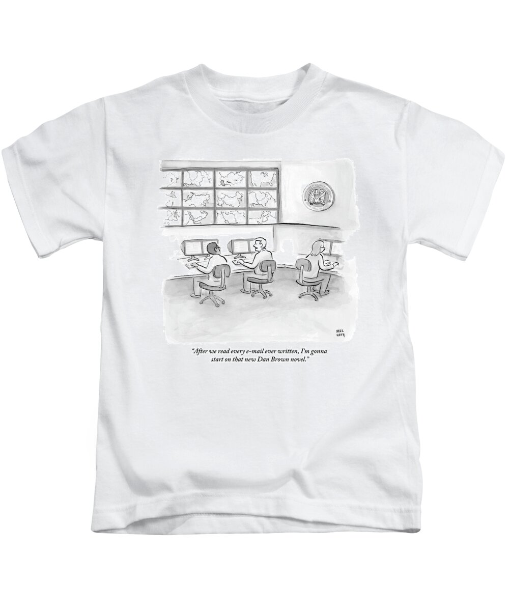 National Security Agency Kids T-Shirt featuring the drawing A Man Working At A Computer Station by Paul Noth