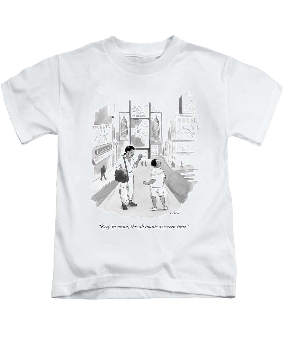 Computers Kids T-Shirt featuring the drawing A Mom Says To Her Enraptured Son In Times Square by Emily Flake