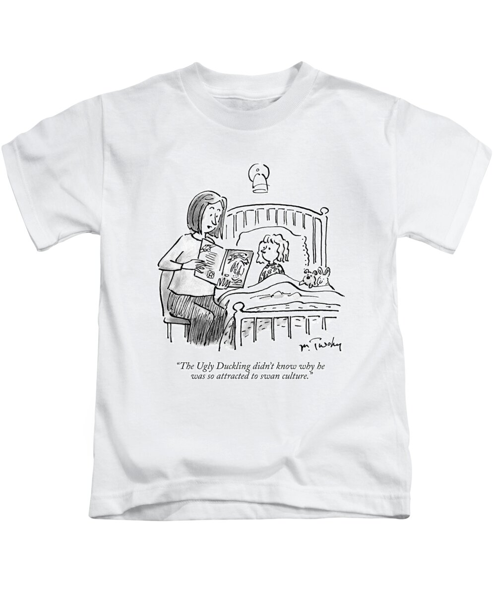 Ugly Duckling Kids T-Shirt featuring the drawing A Mother Reads A Bedtime Story To Her Daughter by Mike Twohy