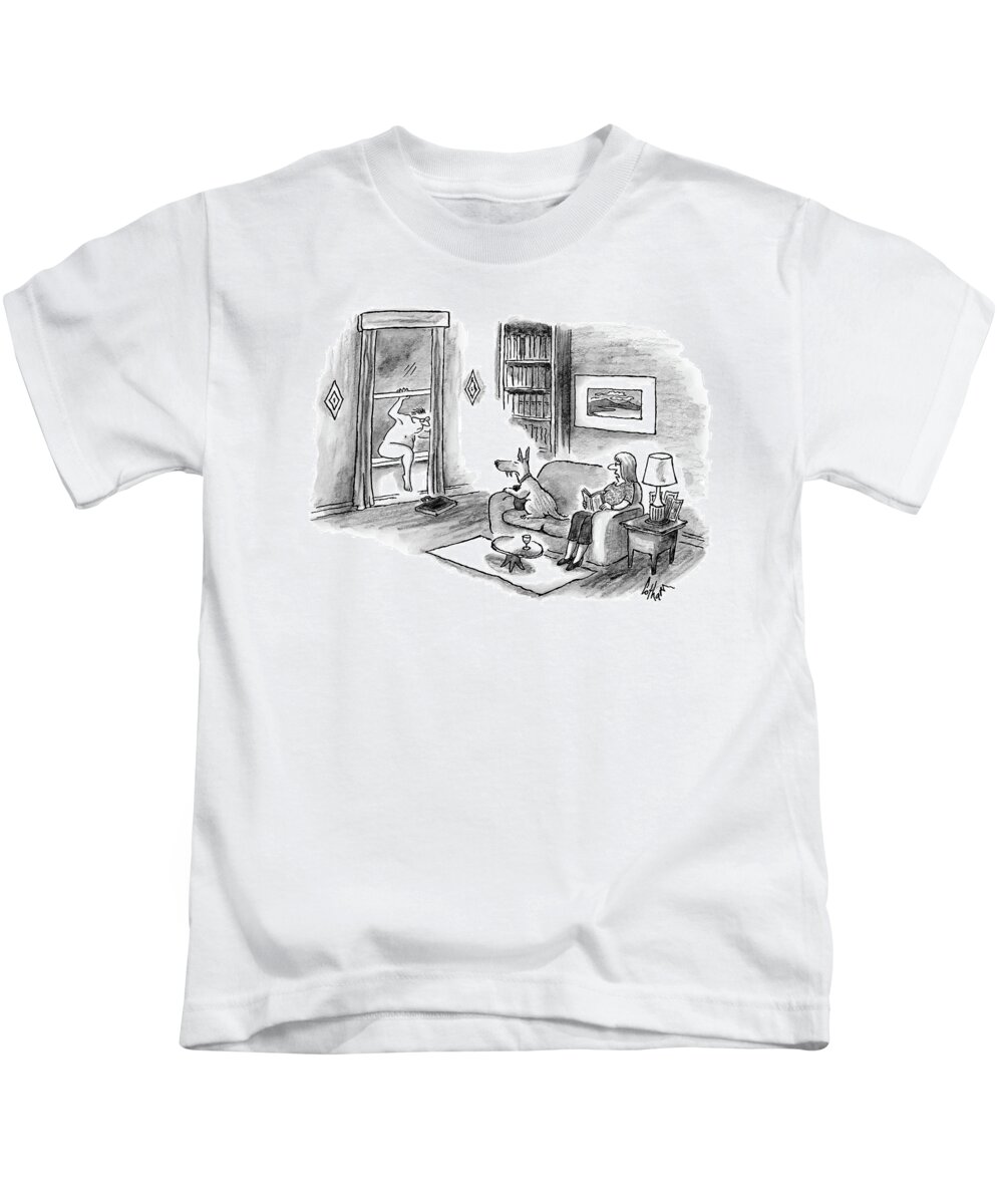 Cctk. Naked Man Kids T-Shirt featuring the drawing A Naked Man Crawls Through The Window Of A Living by Frank Cotham