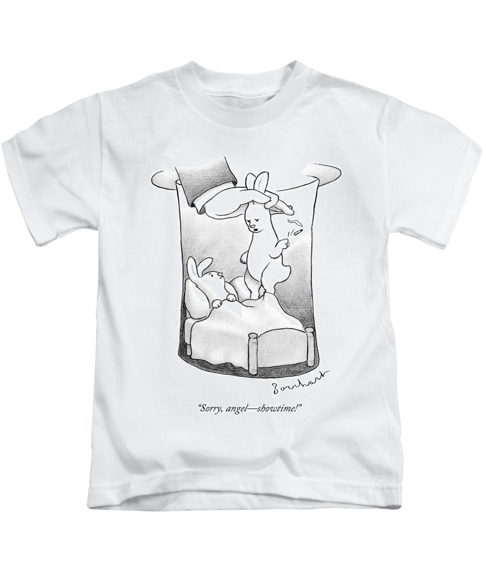 Rabbit Kids T-Shirt featuring the drawing A Rabbit Is Being Pulled Out Of A Hat by David Borchart