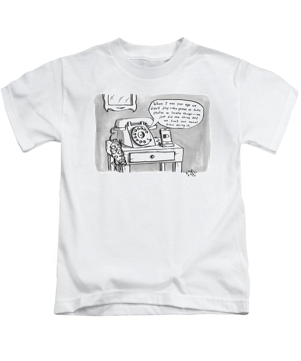 Telephones Kids T-Shirt featuring the drawing A Rotary Telephone Addresses A Smartphone When by Farley Katz