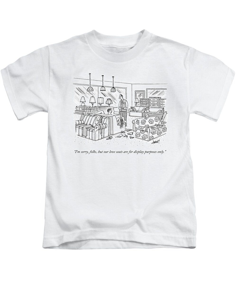 Sex Kids T-Shirt featuring the drawing A Salesperson In A Furniture Store Addresses Two by Tom Cheney