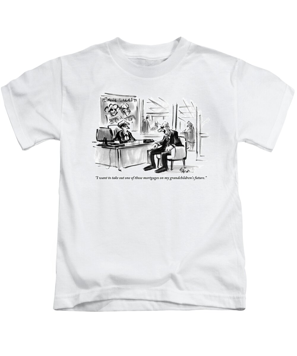 Banks Kids T-Shirt featuring the drawing A Scrooge-like Old Man Consults With A Bank by Lee Lorenz