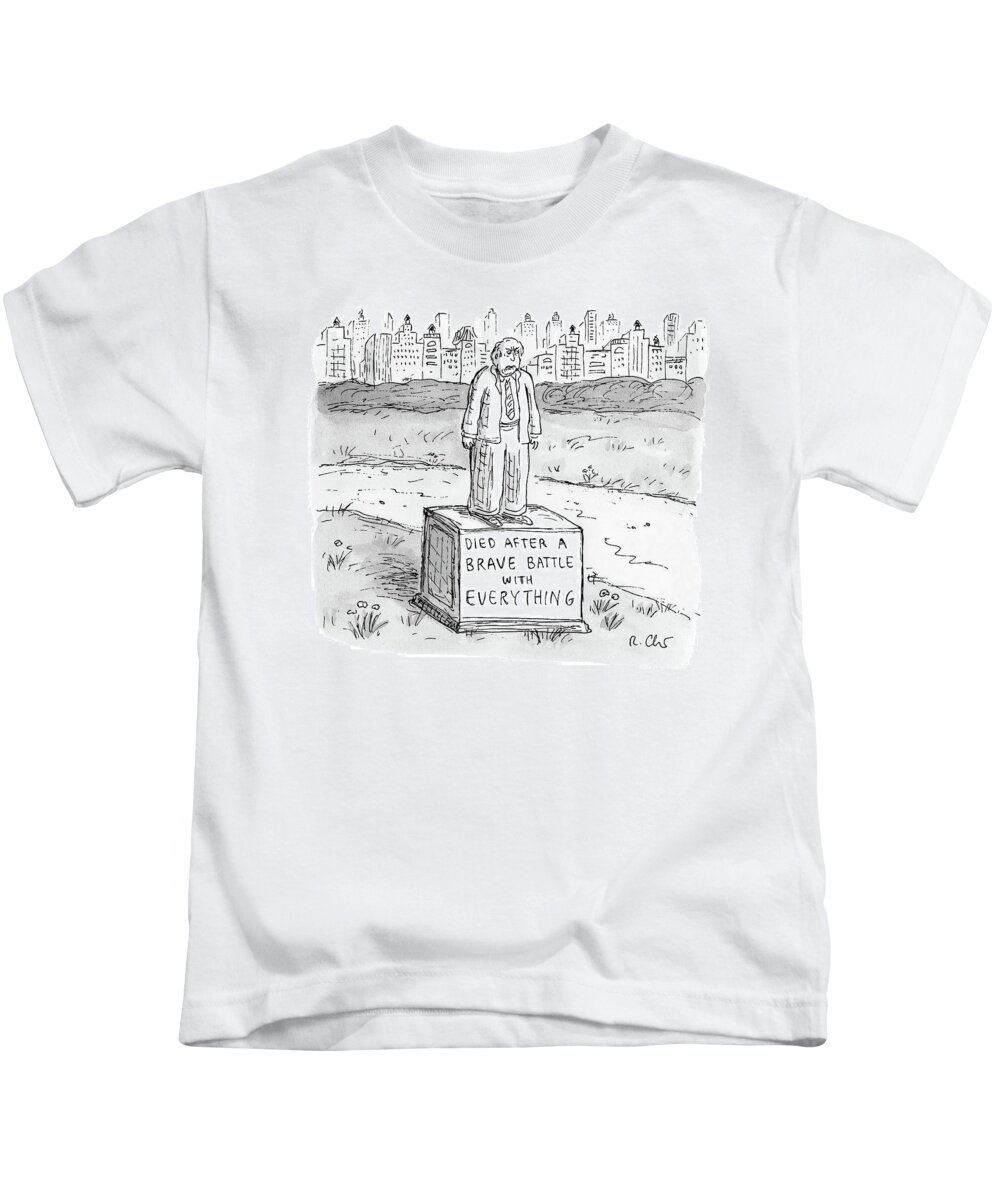 Captionless Kids T-Shirt featuring the drawing A Statue Of A Man Reading by Roz Chast