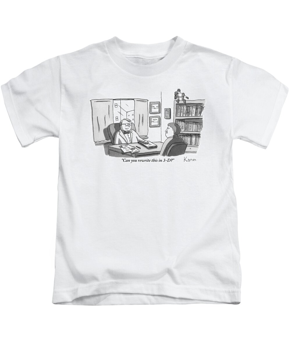 Books Kids T-Shirt featuring the drawing A Suited Man Behind A Desk Addresses A Writer by Zachary Kanin