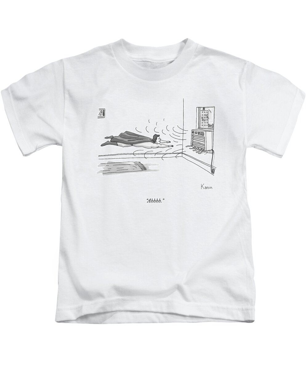 Hero Kids T-Shirt featuring the drawing A Superhero Flies In Front Of An Air Conditioner by Zachary Kanin
